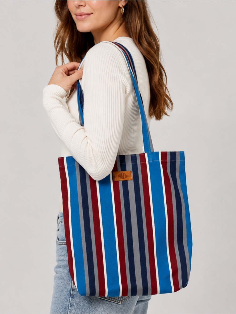 NWT New Amsterdam Leatherworks Tote Shoulder Bag in Blue Red Stripes
